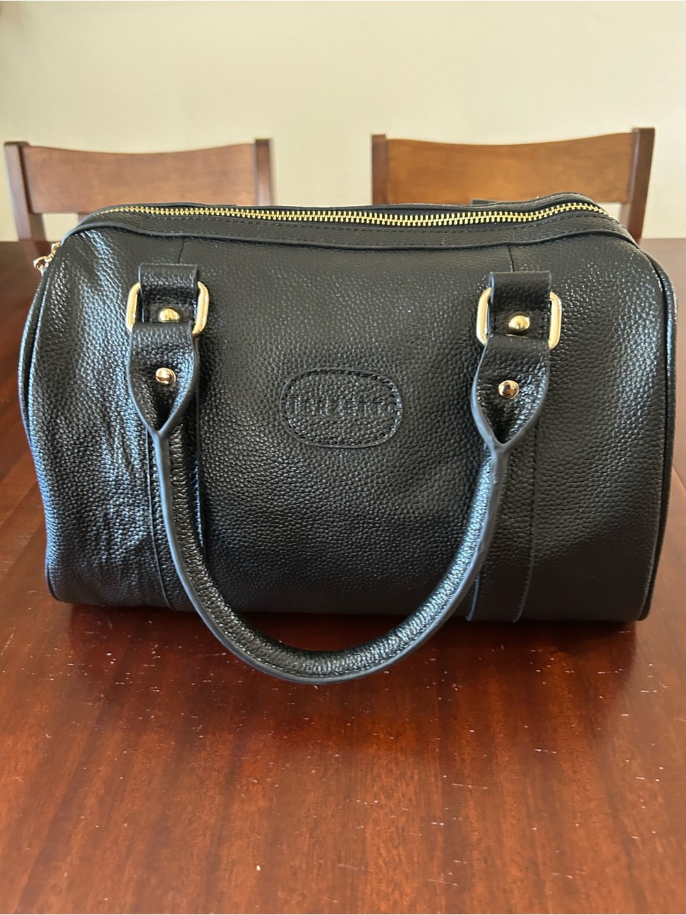 Terzetto Black Pebbled Leather Barrel Satchel with Gold Hardware